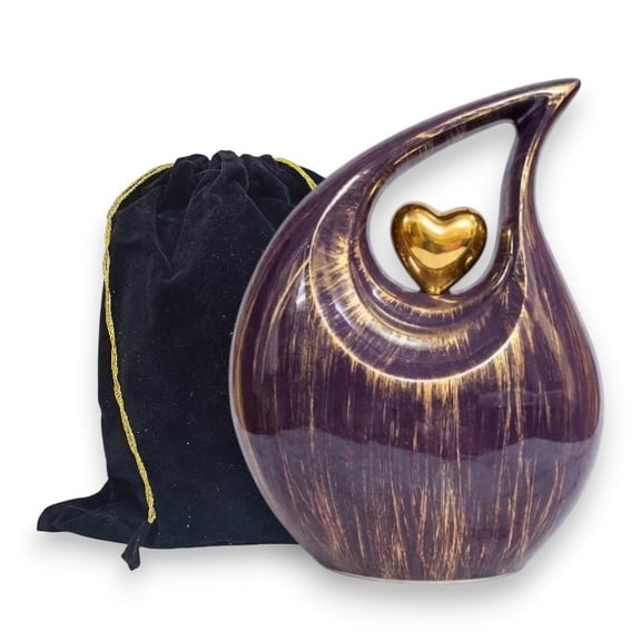 Cremation Urn for Human Ashes 200 Cu In – Purple Gold Brushstroke Teardrop Memorial Urn Adult Funeral Urns Aluminum Burial Urn Velvet Bag Heart
