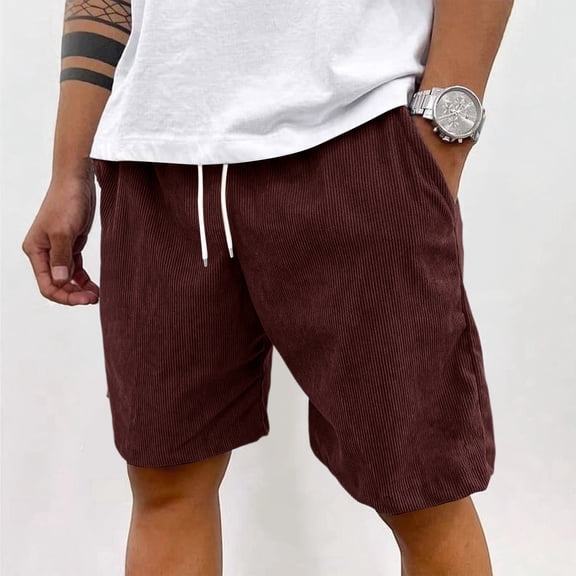 Mens Corduroy Shorts Elastic Waist Drawstring Vintage Casual Shorts with Pockets