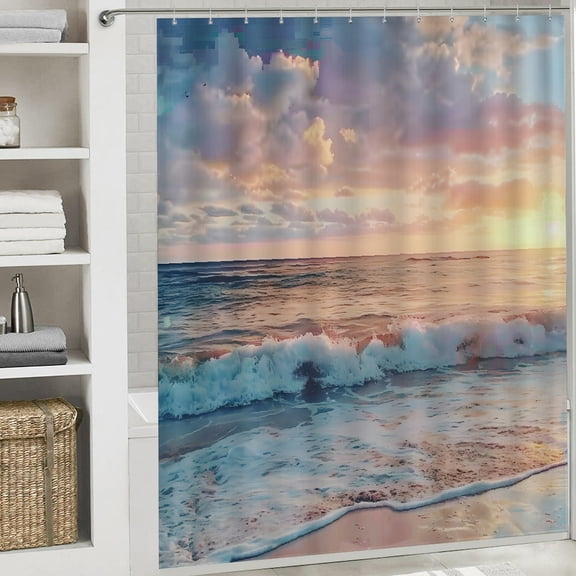 waves sunset beach waterproof shower curtain Bathroom shower curtain  Cloth Fabric Bathroom Decor Set with Hooks