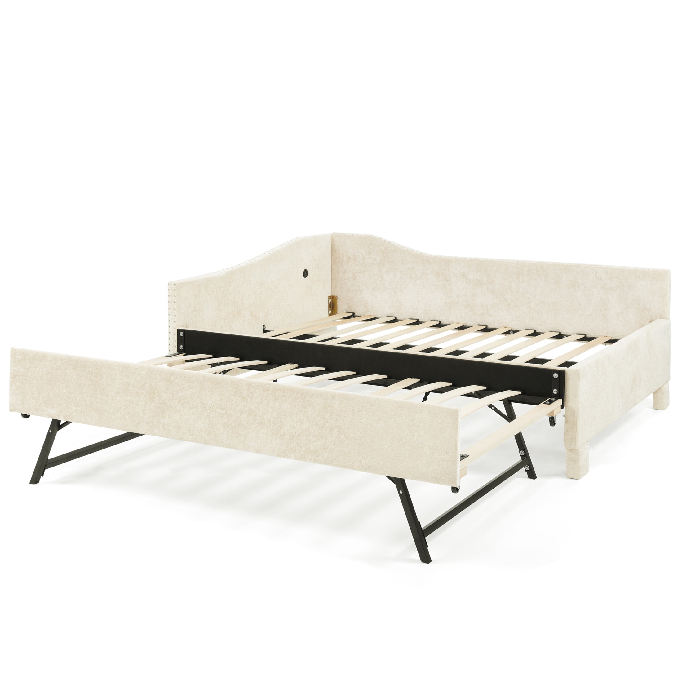 Noble House Phineas Twin Size Chenille Padded Daybed, Sofa Bed Frame with Twin Trundle and Charging Port, Beige