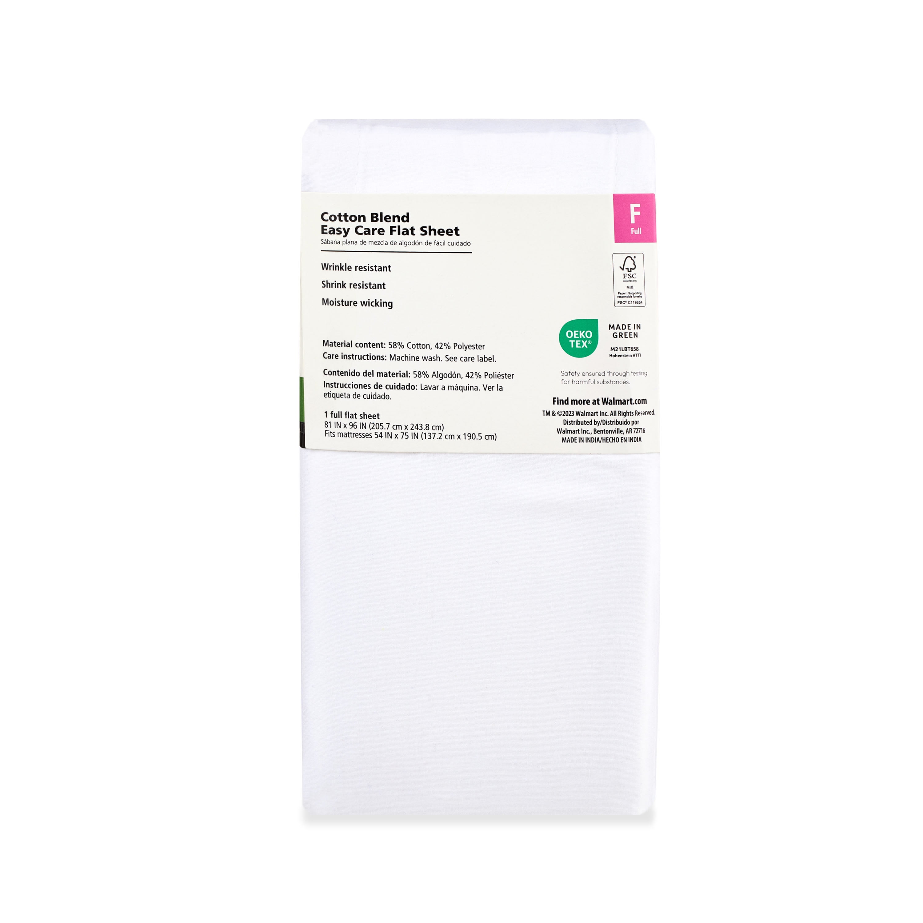 Mainstays 300 Thread Count Easy Care White Cotton Blend Percale Flat Bed Sheet, Full