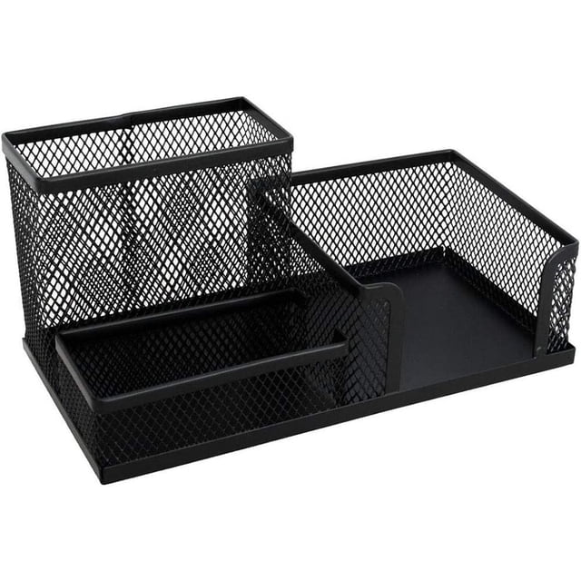 Organizador de escritorio con portalápices de alambre de metal con portalápices y cestas de almacenamiento para el hogar y la oficina, 3 compartimentos, color negro