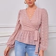 thumbnail image 3 of Camisa de manga larga con cuello en V Puntos suizos Puños elásticos Dobladillo con volantes Top cruzado con nudo para citas en el trabajo, 3 of 8
