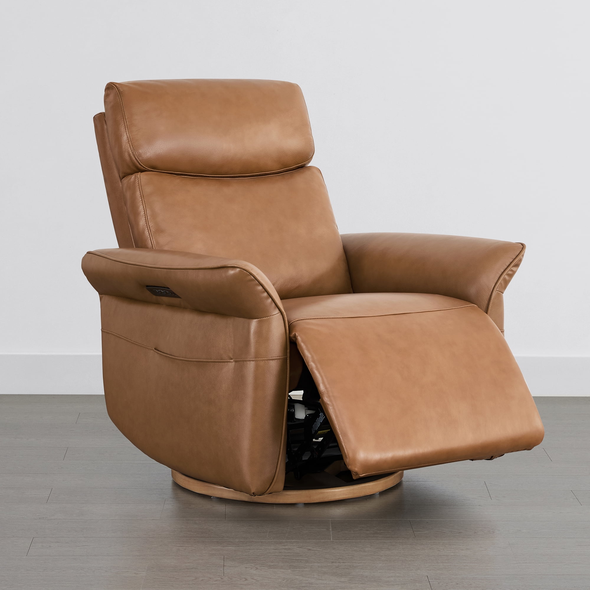 Spruce & Spring 270° Power Swivel Leather Glider Recliner with Power Headrest & Lumbar, USB & Type-C Charging, for Nursery & Living Room, Saddle Brown