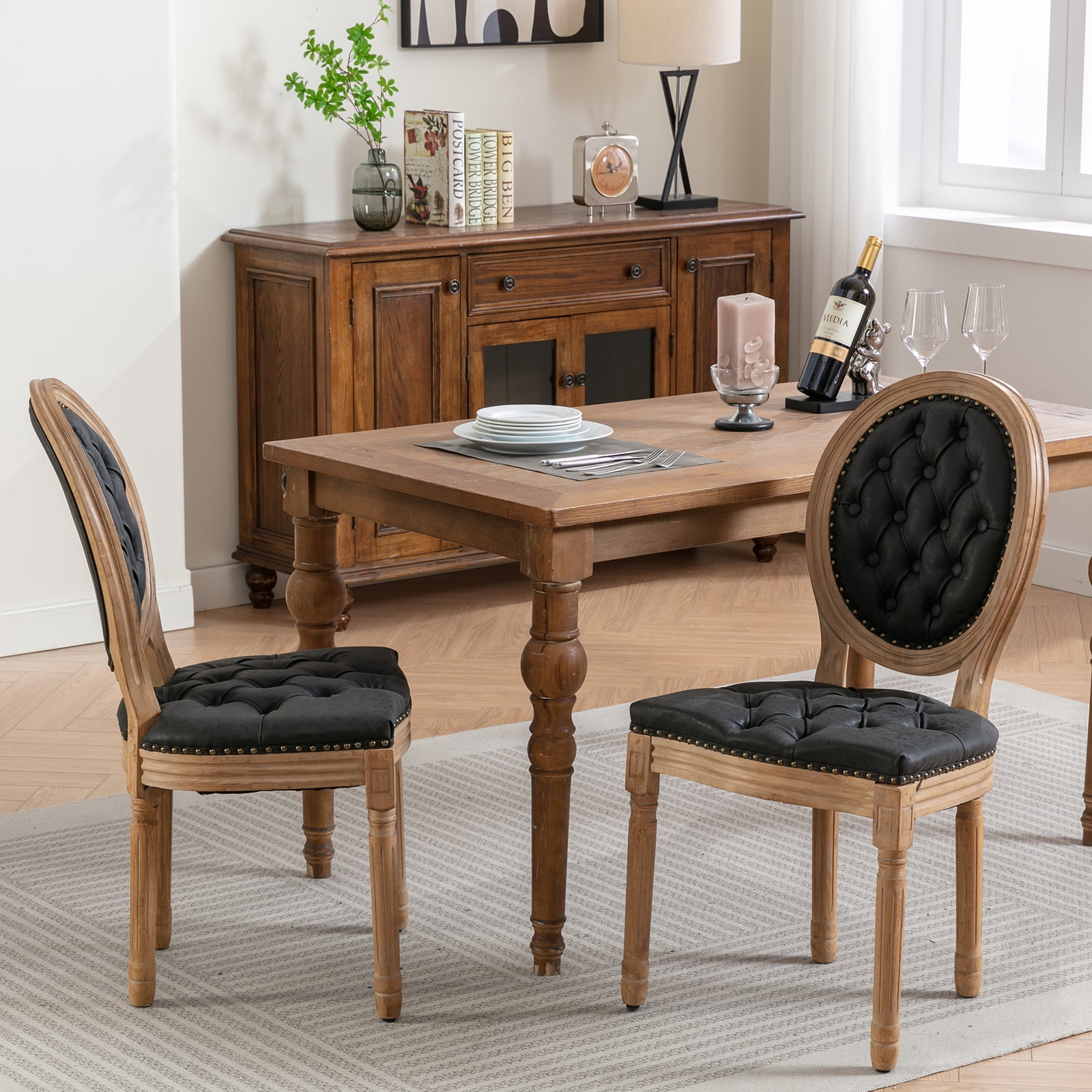 French Country Dining Chairs Set of 4, Black Kitchen & Dining Room Chairs Set of 4, Faux Leather Kitchen Chairs, Tufted Upholstered, Wood Legs, Sillas De Comedor (PU, Black, 4Pcs)