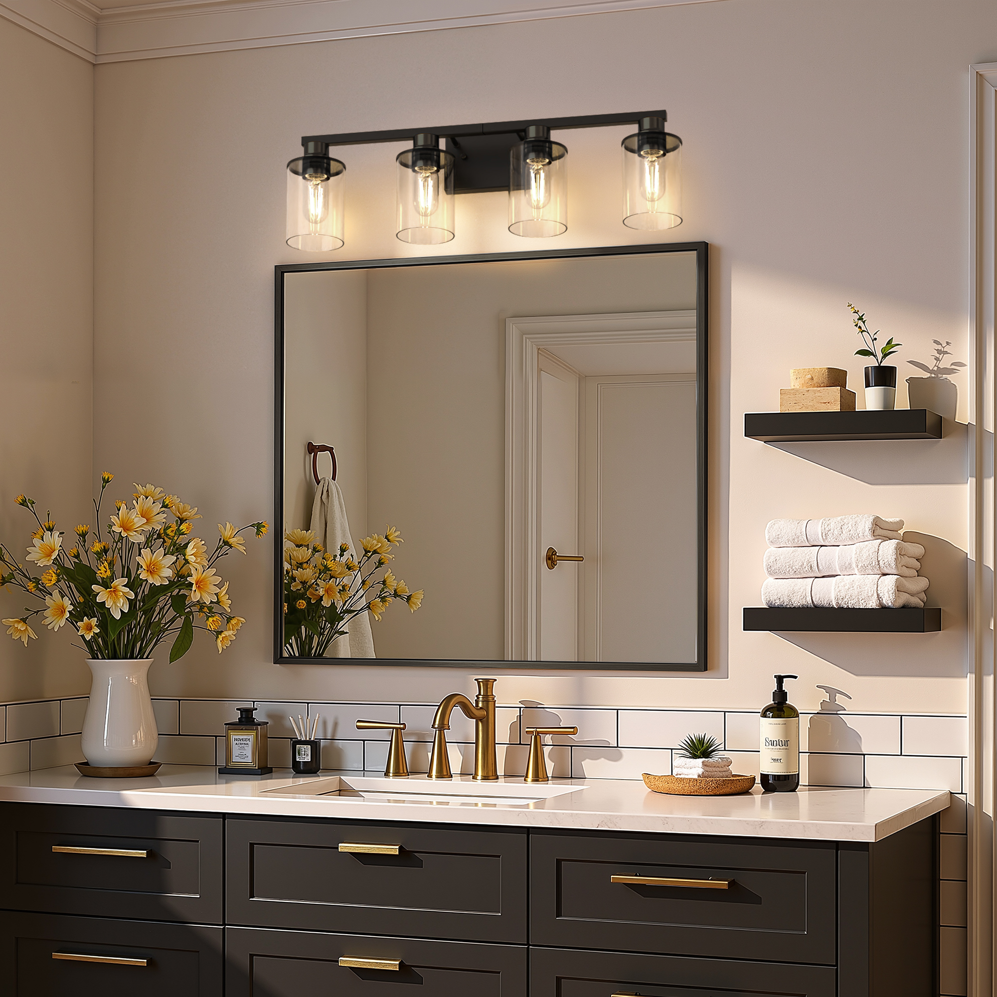 YANSUN 27.2 in 4-Light Black Bathroom Vanity Light Fixtures Over Mirror with Clear Glass Shades for Bathroom, Powder Room, Bedroom