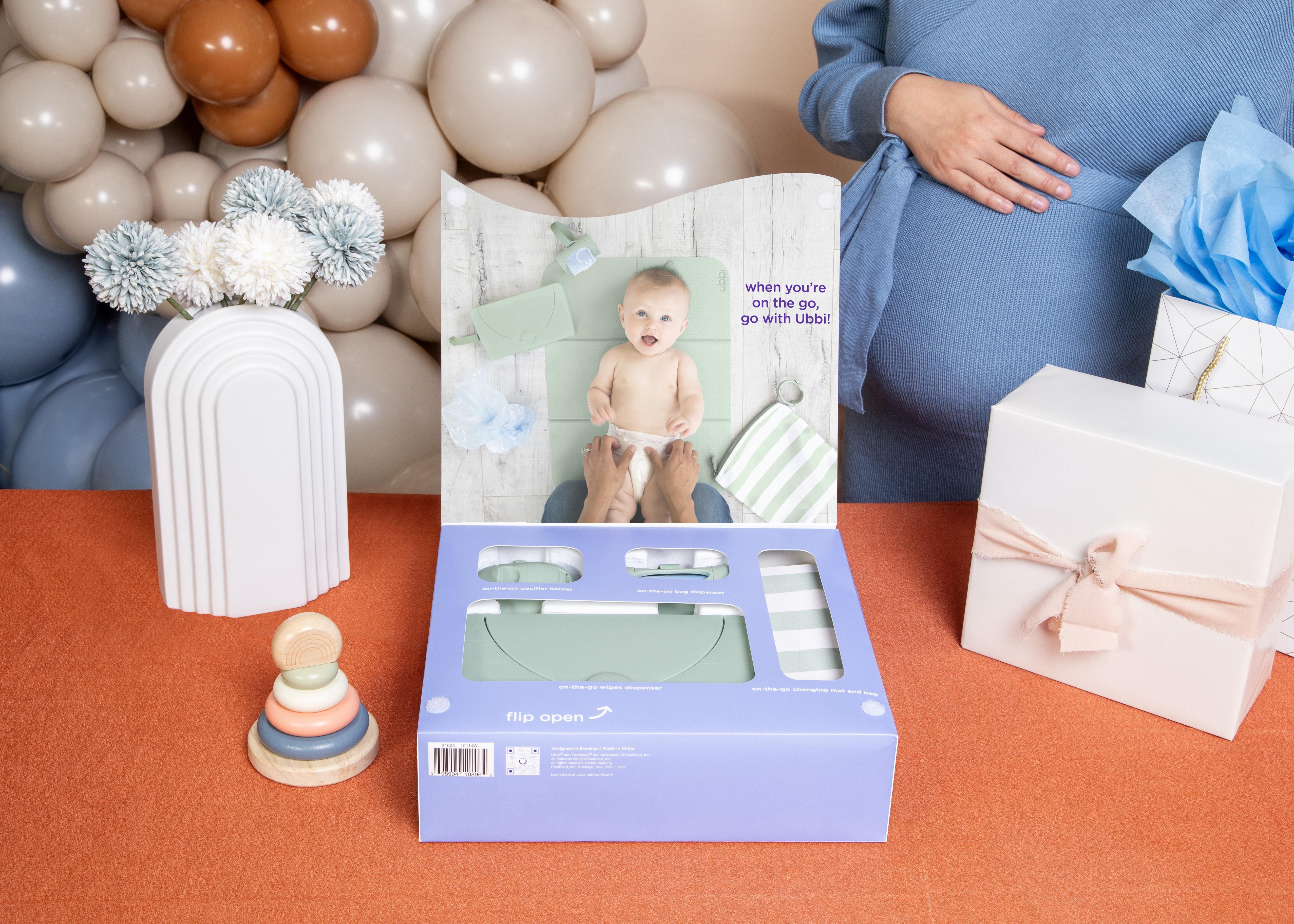 Ubbi On-The-Go Diapering Gift Set, Includes Changing Mat and Bag, Wipes Dispenser, Pacifier Holder and Bag Dispenser, Newborn Essentials, Sage