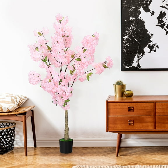 47.2 Inch Artificial Cherry Blossom Tree, Faux Pink Flower Tree with Pot, Lifelike Fake Plant for Home, Office, Wedding Decor