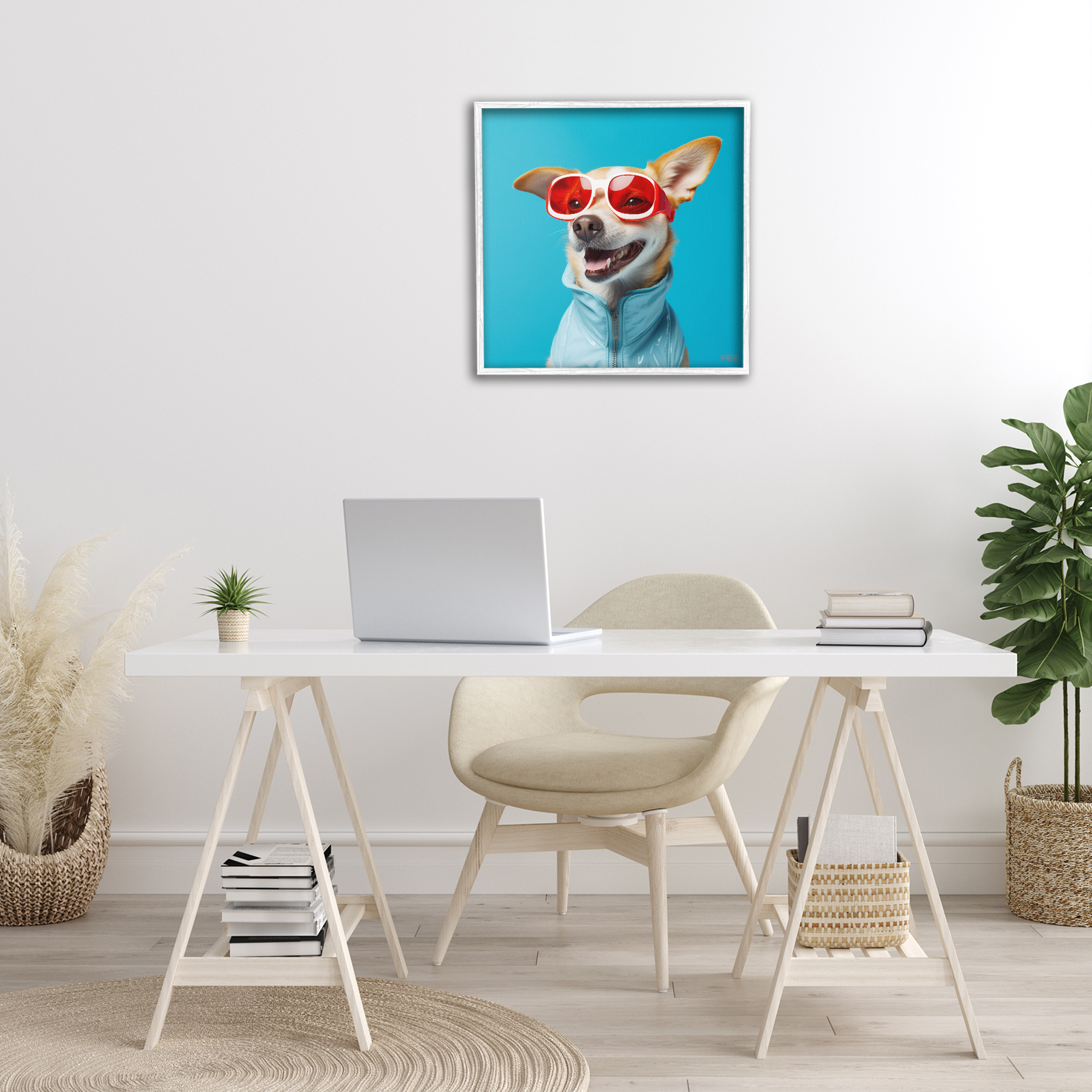 Stupell Industries Stylish Dog on Blue Animals & Insects Painting White Framed Art Print Wall Art, 24 x 24