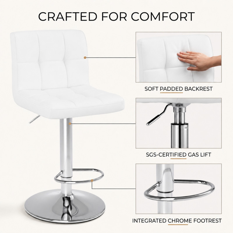 BEAUTYPEAK Adjustable Bar Stools Set of 2 PU Leather Swivel Counter Height Chairs with Backrest and Footrest, White