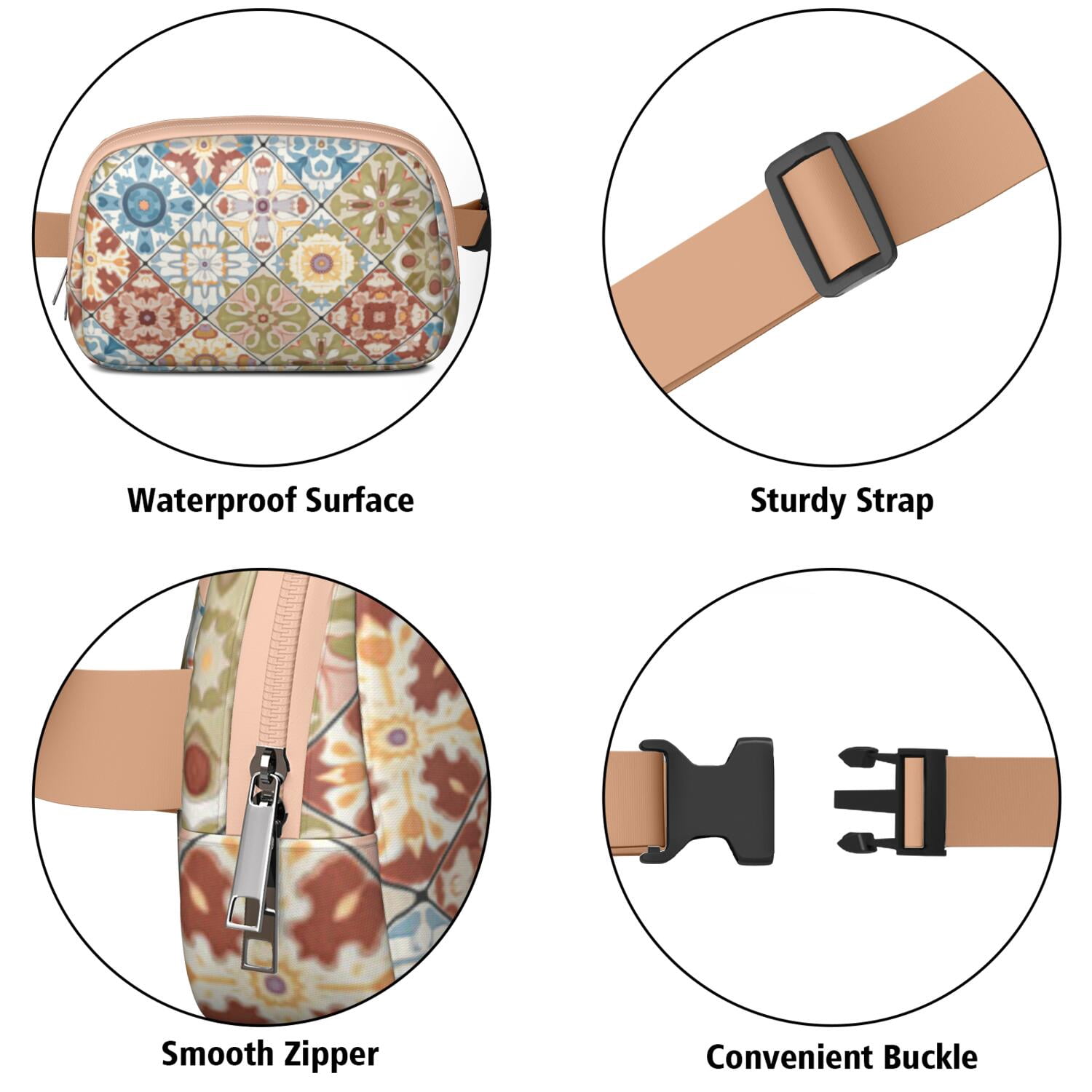 Crossbody Belt Bag Bohemian Tribal Fashion Belt Bag Small Cross Body Bags for Women Casual Waist Packs with Adjustable Strap Waterproof Belt Bag for Daily Leisure Music Festival/Event
