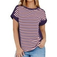 thumbnail image 2 of CQONEPT Clearance Striped Shirts for Women 2025 Crewneck Tunic Short Sleeve Tops Summer Loose Fit Comfy Color Block T-Shirt,Purple S-XXL, 2 of 10