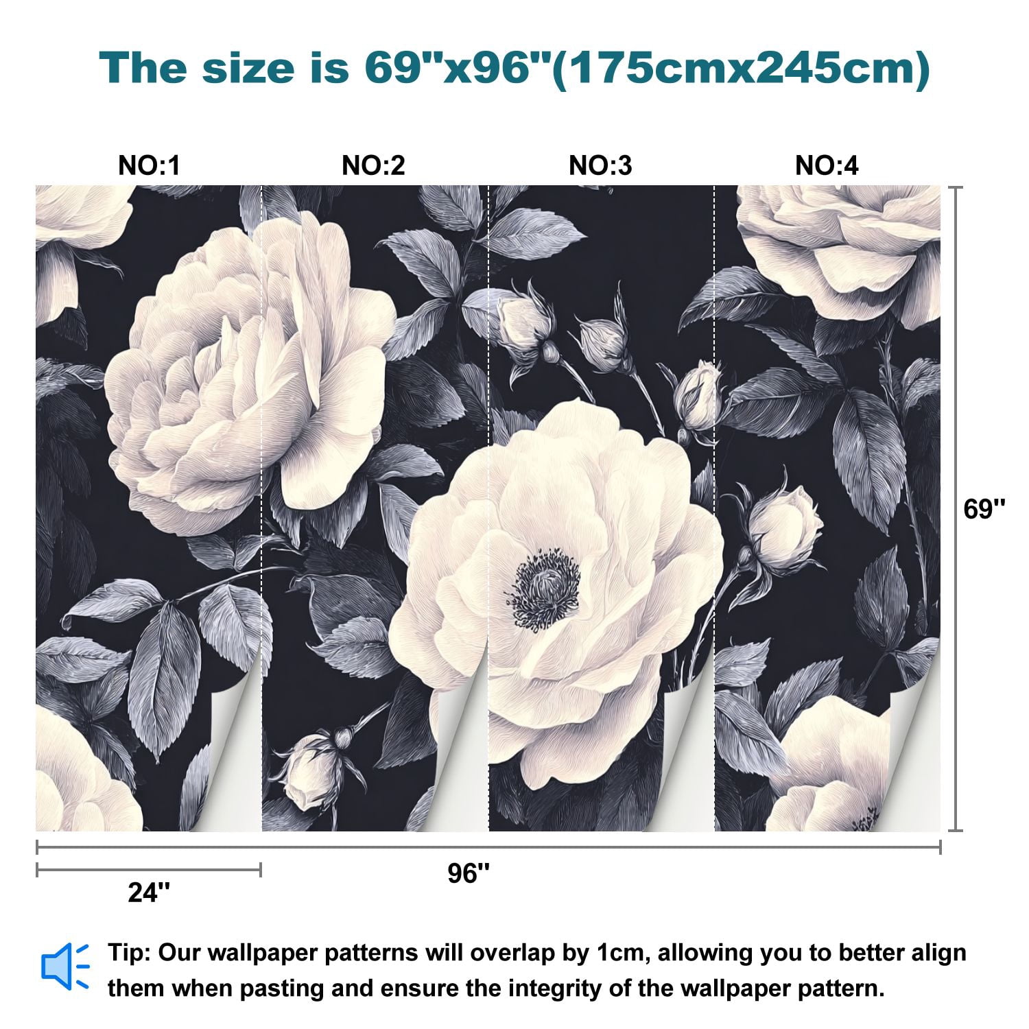 Peel and Stick Wallpaper Floral Dark Vintage White Peony Flower Roses Leaves Flowers Buds Modern Art Wall Mural Decor Self Adhesive and Removable 69in x 98in
