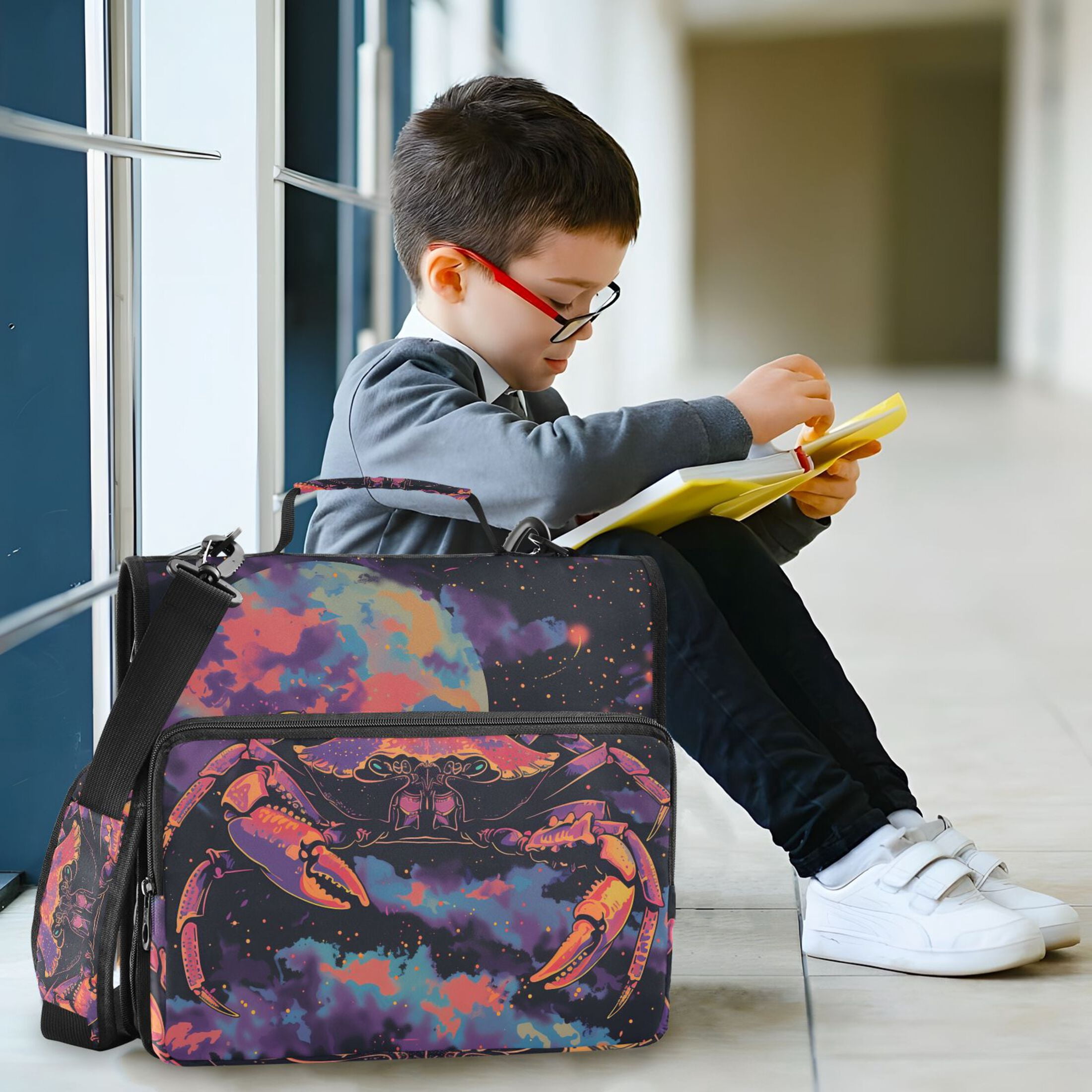 3 Ring Zipper Binder with Shoulder Strap Waterproof Trapper Keeper 2 Inch D-Ring 500 Sheets Capacity Crab in Space