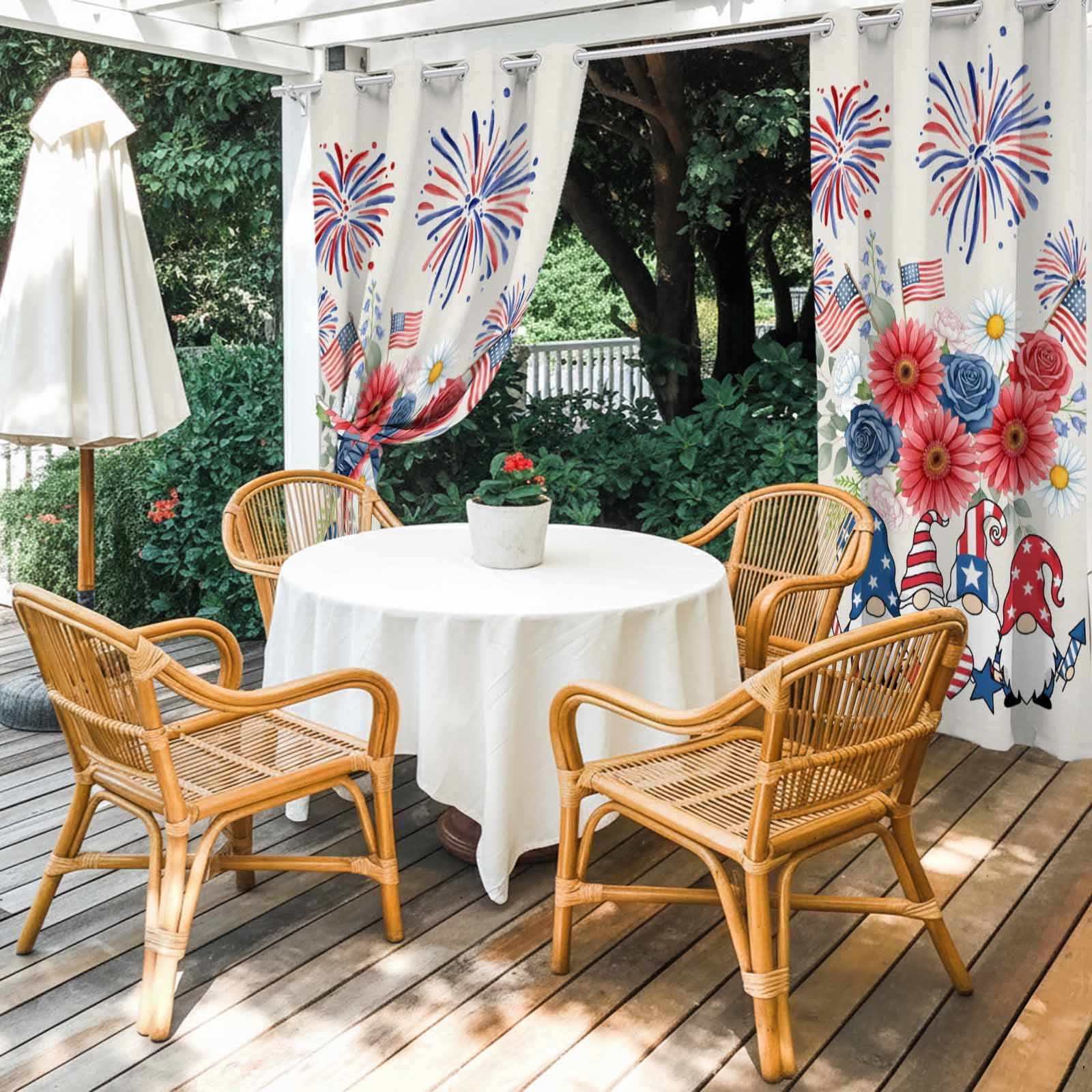 Independence Day Outdoor Curtains for Patio, Red Blue Gnome Floral Flag Fireworks Beige Sunshade Privacy Drapes Grommet Waterproof Outside Curtains for Porch/Cabana/Balcony 54"x 108", 1 Panel