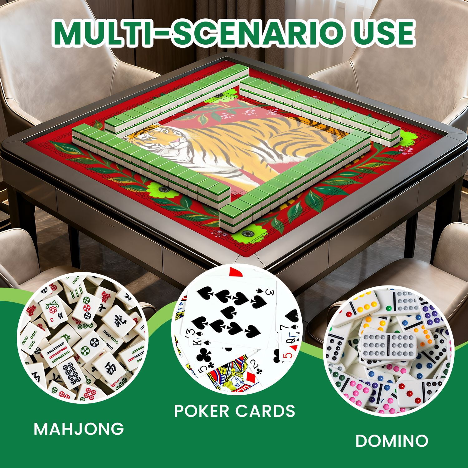 Mahjong Mat 31.5" x 31.5" Vibrant Tiger Green Flowers Leaves Red Non-Slip Noise Reduction American Mahjong Tiles Table Cover for Dominoes Poker Card Board Games Gift