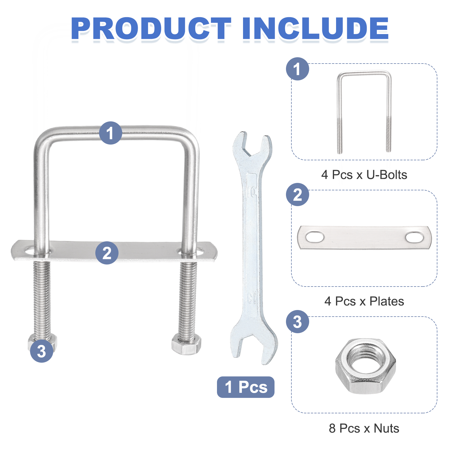 Uxcell 4 Sets M8 Square U-Bolts, 2.36" Inner Width 3.15" Length 304 Stainless Steel U Clamp Bolts with Nuts, Plates and Wrench