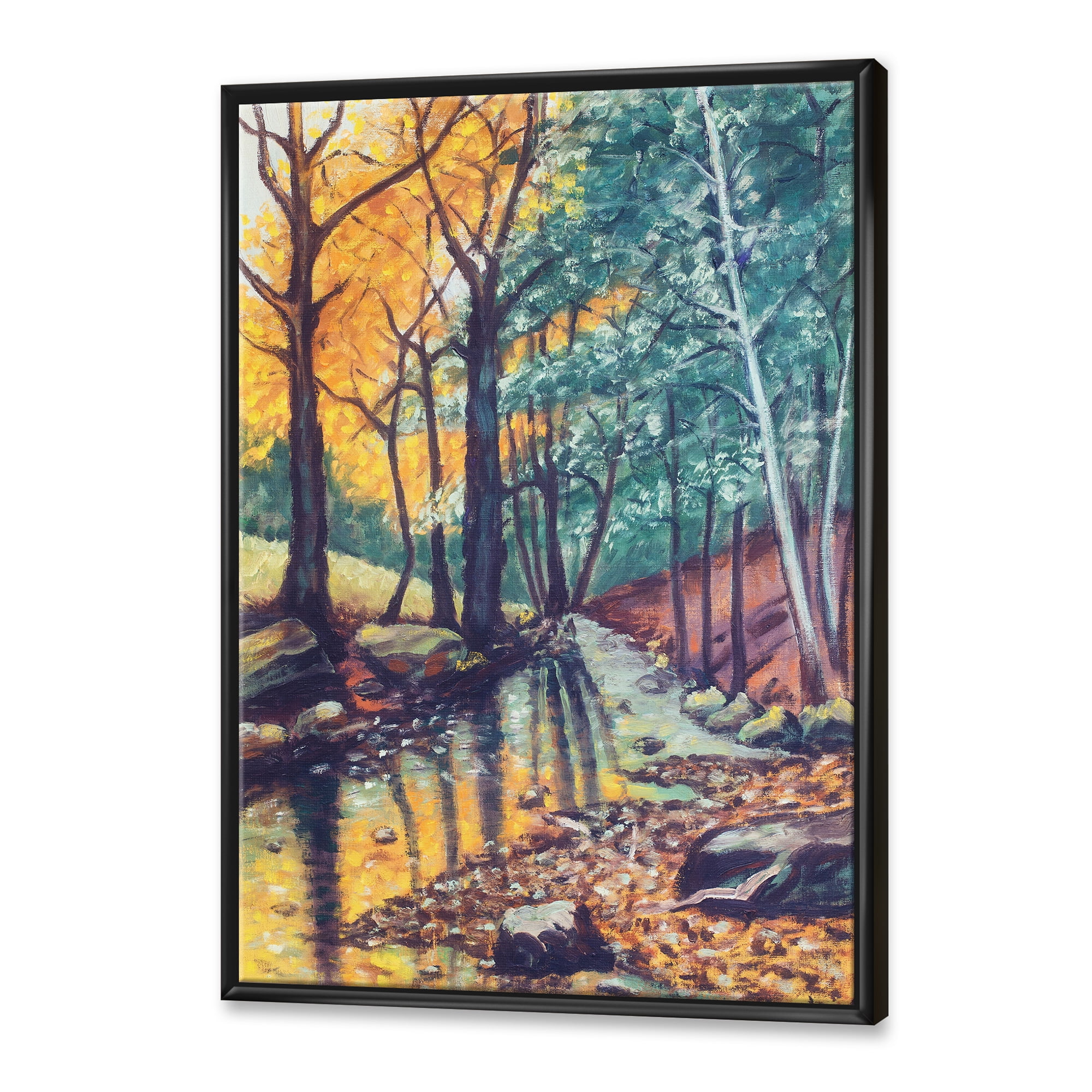 Designart 'Landscape With Autumn Forest Sunset River' Traditional Framed Canvas Wall Art Print