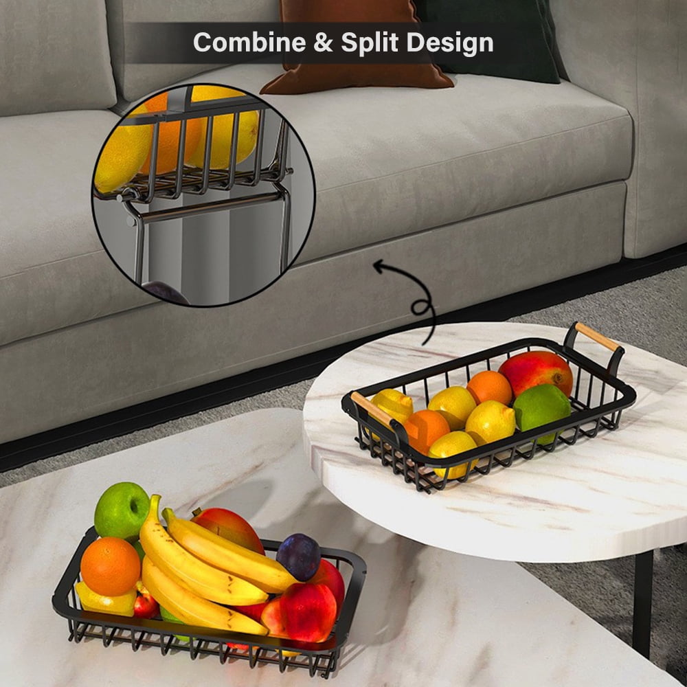 CACAGOO 2 Tier Countertop Fruit Basket Kitchen Organizer with Wooden Handle for Kitchen Counter Metal Mesh Basket Fruits Stand Produce Holder Organizer