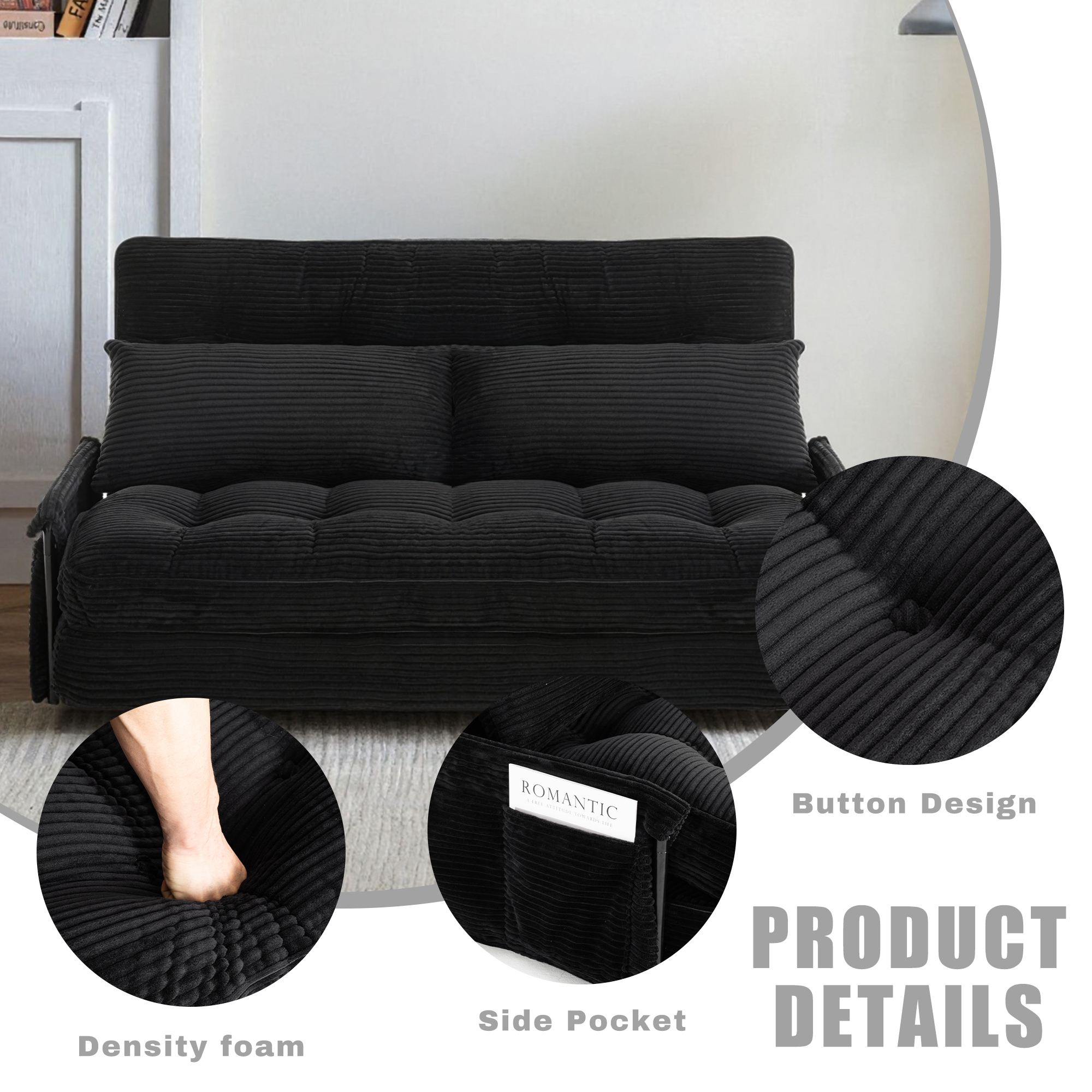 Convertible 5-Position Foldable Lazy Sofa Sleeper Bed with Armrest,Adjustable Floor Sofa Couch with 2 Pillows,Fold Out Floor Couch,Black