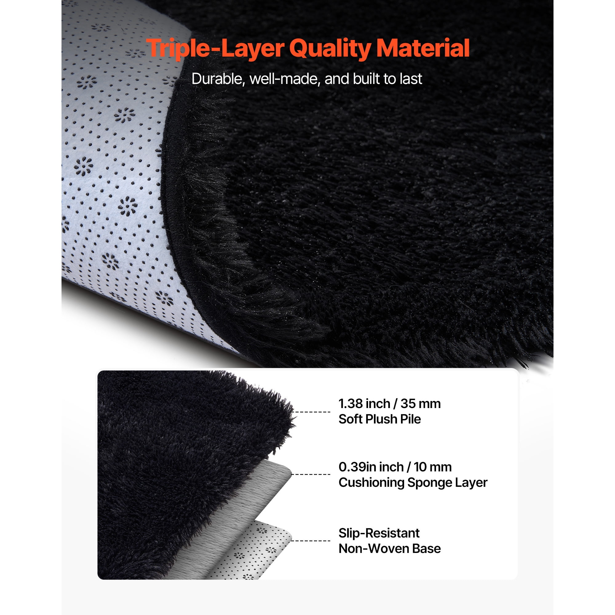 KFFKFF Indoor Plush Area Rugs, 8 x 10 ft Soft Shag Carpet, Furry Area Rugs for Living Room, Bedroom, Sunroom, Modern Home Decor, Non-Shedding, Non-Woven, Slip-Resistant, Black