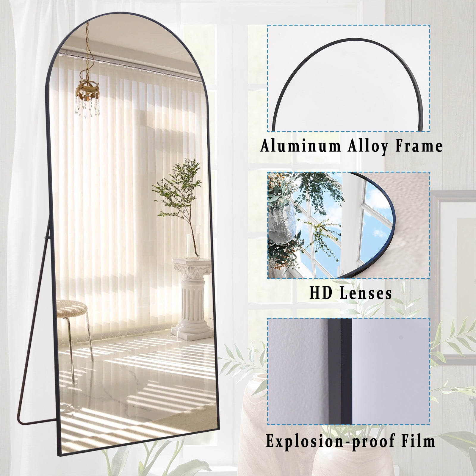 Anyrose 34"x76" Full Length Mirror with Arch-Top Standing Mirror Wall Mounted, Black