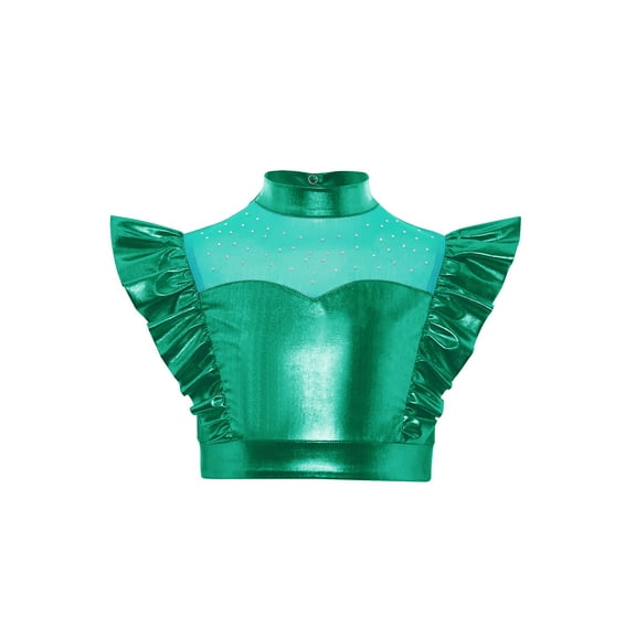 Zaldita Kids Girls Ruffle Sleeve Crop Tank Top Jazz Hip Hop Dance wear Street Dancewear Shiny Metallic Dance Vest Green 10