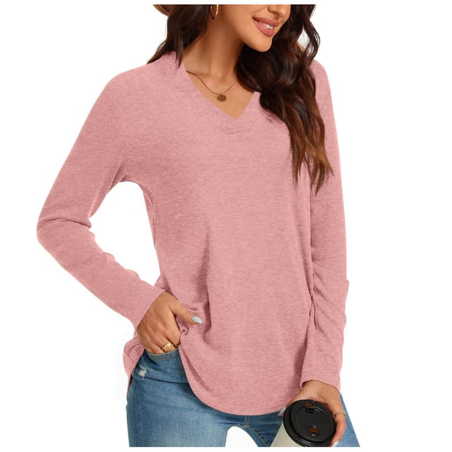 Timegard Womens Tops V Neck Comfy Solid Color Blouse Basic Tee Shirts Fall Casual Loose Long Sleeve Tops