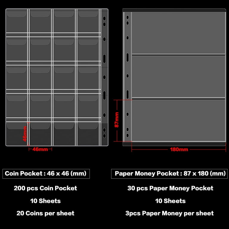  Coin Collection Supplies Pages for Collectors, 12 Sheets Coins  Holder Album Book Sleeves, Collecting Binder Protectors for Silver Dollar  Bill Quarters Penny Stamp Currency (30 Pockets) : Office Products