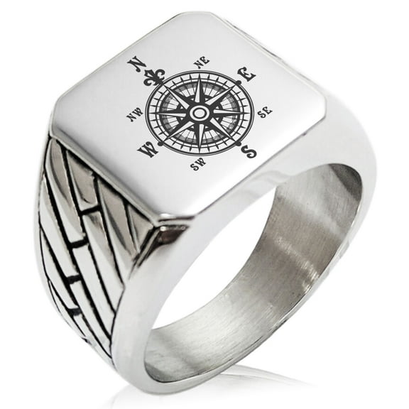 Stainless Steel Nautical Fleur de Lis Compass Geometric Pattern Biker Style Polished Ring