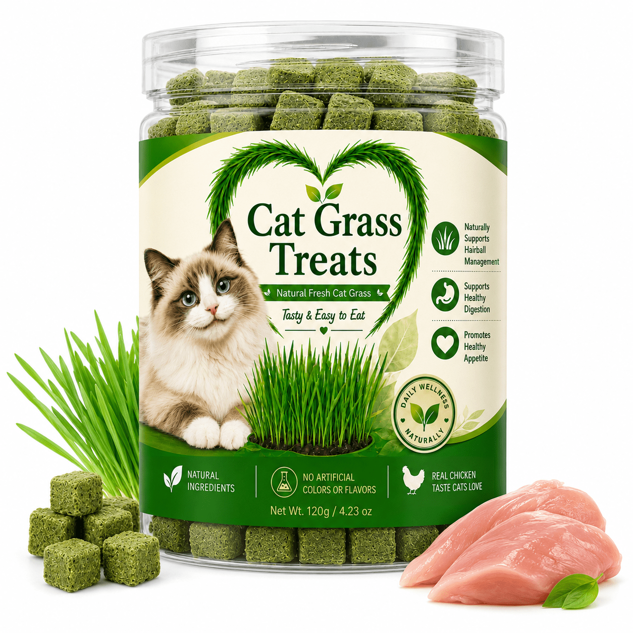 Cat Grass Treats, Chicken Flavor Dental Bites for Indoor Cats, Hairball Support & Training Rewards, 120g