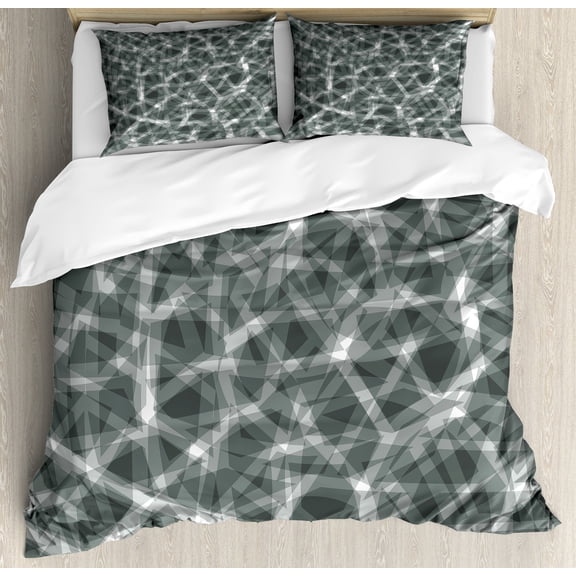 Grey Duvet Cover Set, Trippy Grunge Haze Digital Display Fractal Pieces Parts Lines Contemporary Bents, Decorative 3 Piece Bedding Set with 2 Pillow Shams, King Size, Dimgray White, by Ambesonne