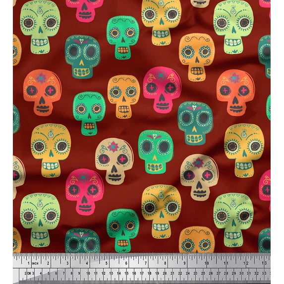 Soimoi Red Modal Satin Fabric Tribal Skull Print Fabric by Yard 42 Inch Wide