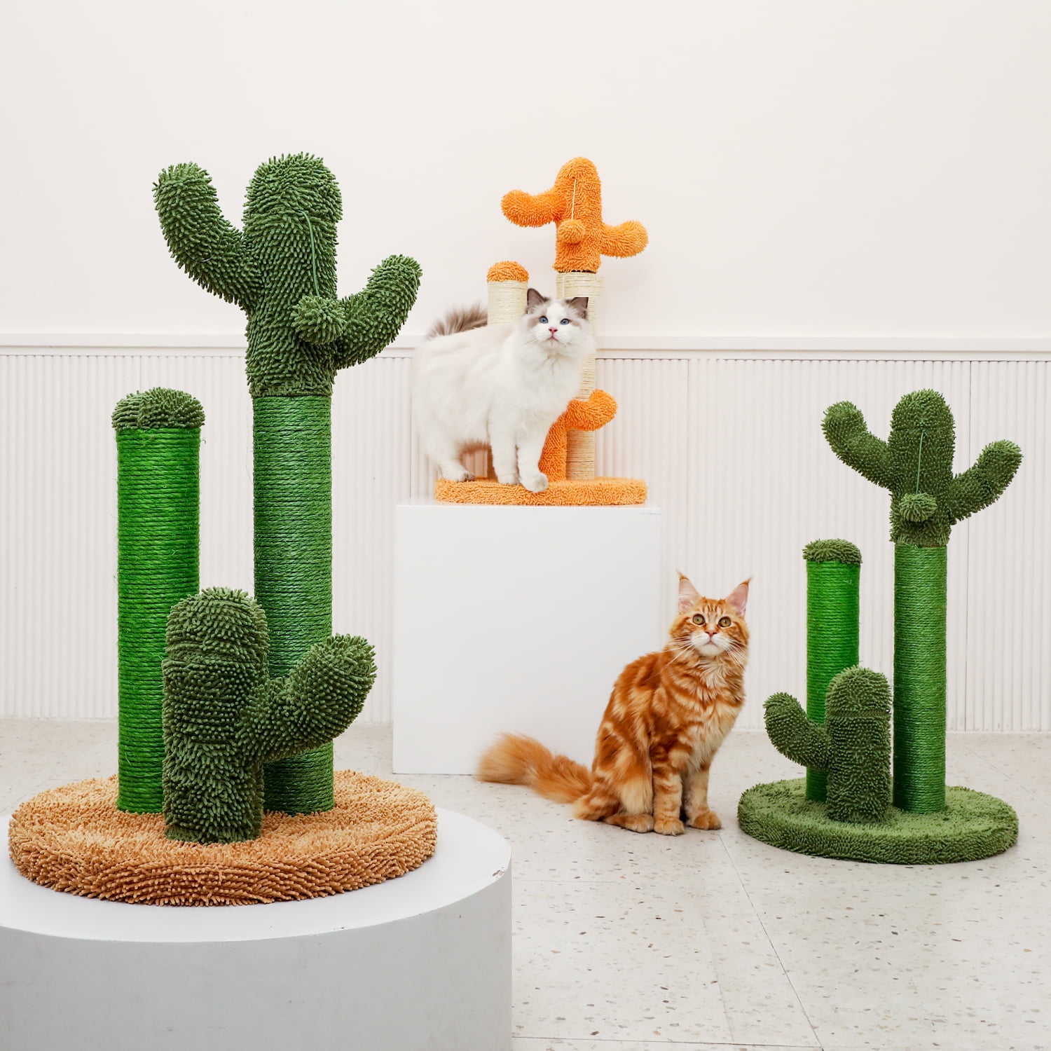 Pefilos 20" Cat Scratching Post for Adult Cats Cactus Cat Scratcher for Large Cats Featuring with 3 Scratching Poles and Interactive Dangling Ball Cat Tree for Indoor Cats, M