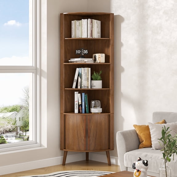Oubayajia 66.73'' Tall Corner Cabinet, Modern Fluted Storage Cabinet with 2 Doors and 5 Storage Shelves, Space-Saving for Kitchen, Living Room, Study Room(Walnut)