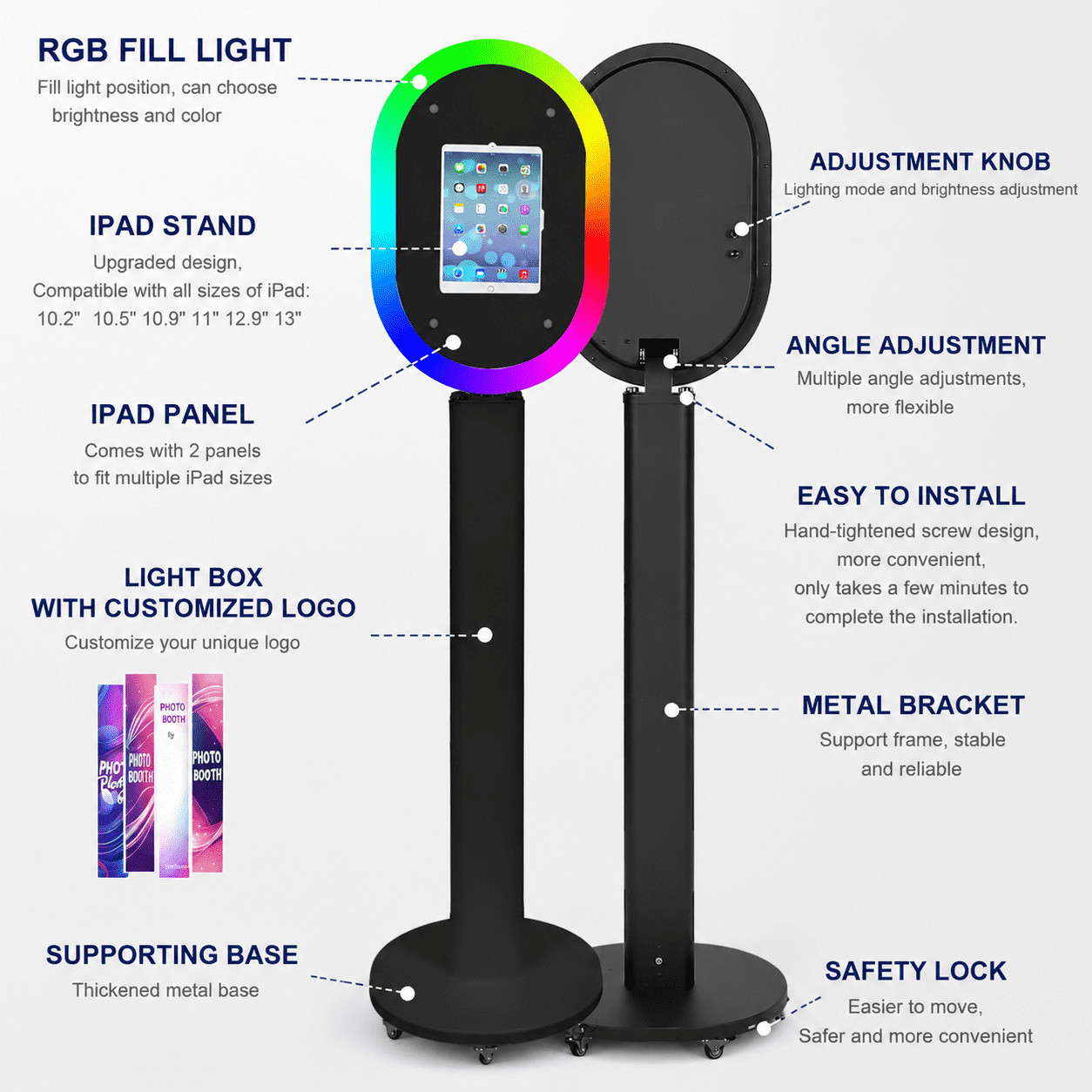 Portable iPad Photo Booth Stand with RGB Ring Light - Compatible with 10.2" to 13" iPad Pro/Air, Party Selfie Station for Weddings & Corporate Events (Black)​