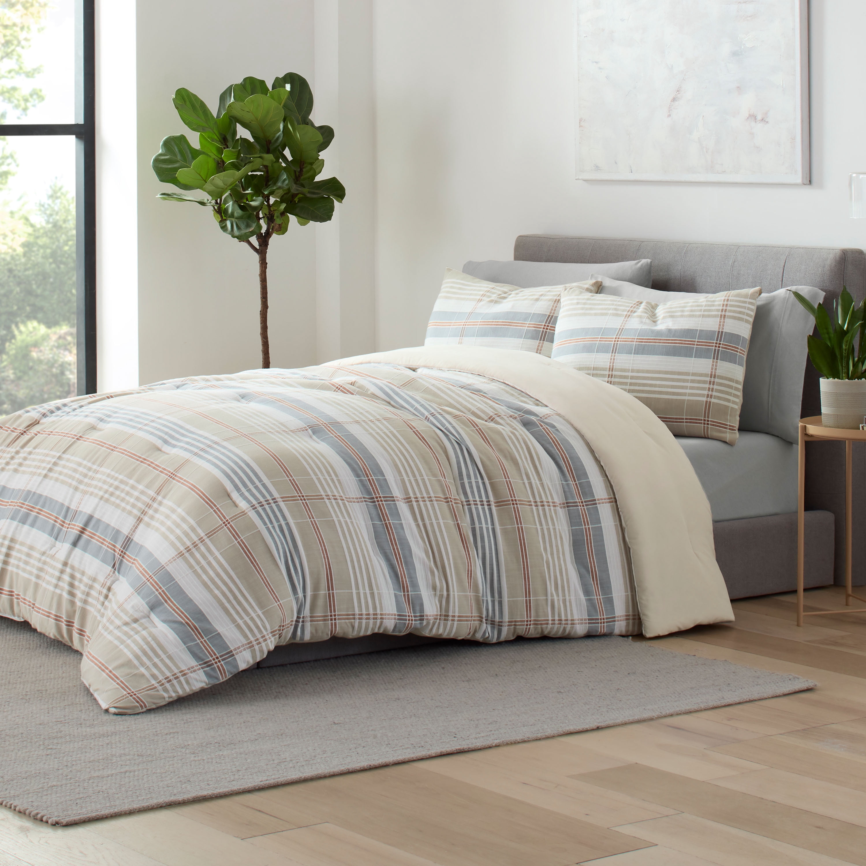 Vellux Oslo Plaid 2-Piece Cotton Comforter Set, Down Alternative, Twin, Taupe