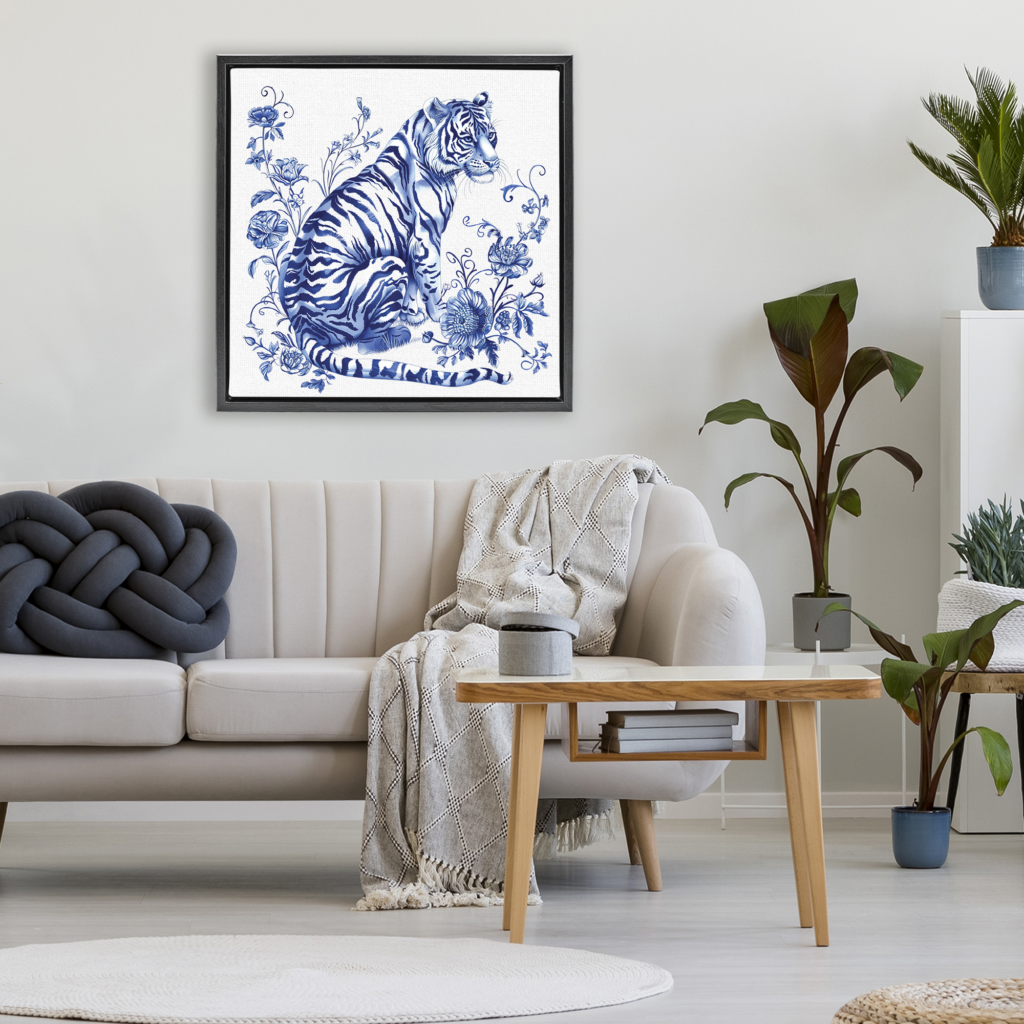 Traditional Ornate Floral Tiger Black Framed Floater Canvas Wall Art, design by Lettered and Lined