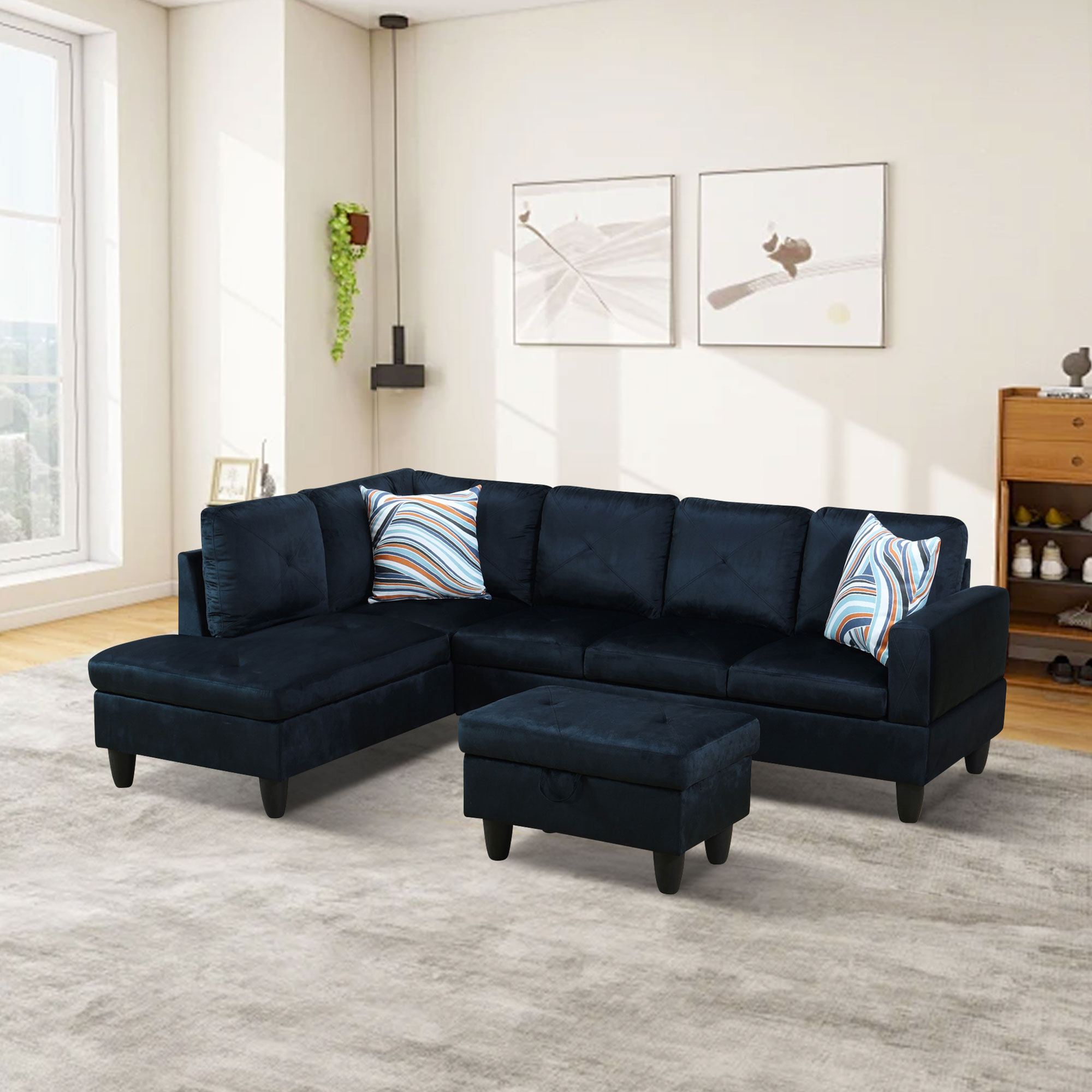 Prilinex Modern Living Room Furniture Sets, Modular Sectional Couches with Chaise Lounge, 4-Seaters L Shape Sofa with Storage Ottoman,3-Piece Sofa Set, Microfiber, Midnight Blue