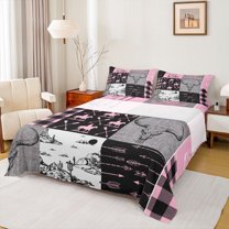 Homewish Tribal Sheep Skeleton Twin Sheet Sets, Pink Grey Buffalo Checkered Twin Fitted Sheet, Rustic Western Hunting Flat Sheet, Lightweight Room Decor, 3pcs