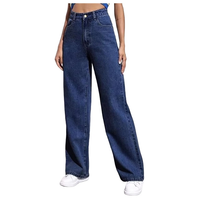 Jean Ample Mignon pour Fille à Jambe Grand, Taille Haute Élastique, Pantalon en Denim avec Poches