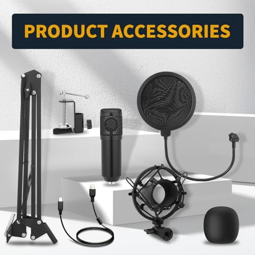 Condenser Microphone,Professional USB Microphone Plug & Play PC Computer Microphone Condenser Cardioid Mic Kit with Adjustable Boom Arm Stand Shock Mount,for Podcast,Streaming,YouTube，Tiktok