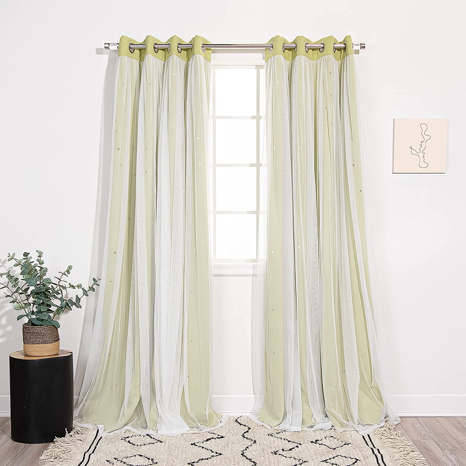 Best Home Fashion Set of 2 Tulle Overlay Star Cut Out Silver Grommet Curtains for Bedroom, Living Room, Kids Room, Sun Blocking Thermal Insulated ...