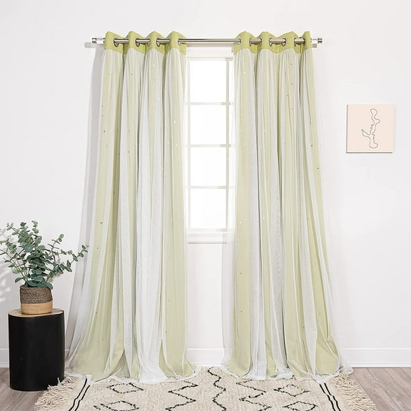 Best Home Fashion Set of 2 Tulle Overlay Star Cut Out Silver Grommet Curtains for Bedroom, Living Room, Kids Room, Sun Blocking Thermal Insulated Blackout Window Curtains (Sage, 52" W x 63" L)