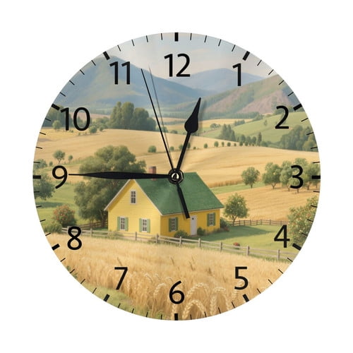 Zhmjortal House And Tree Pattern Wall Clock Silent Non-Ticking Kitchen Desk Decor Clock Battery Operated Quartz Analog Round Clocks 10 in for Bedroom Bathroom Living Room