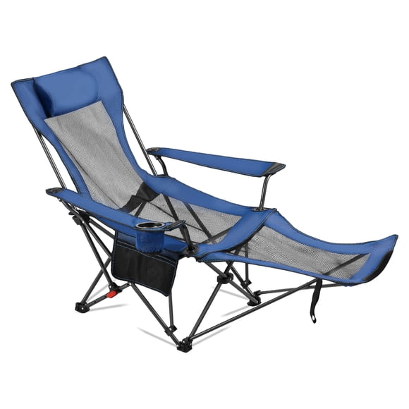 VEVOR Reclining Camping Chair, 4 Adjustable Positions, Portable Folding Lounger for Adults, Mesh Beach Chair with Headrest & Foot Rest, Supports 220 lbs, Heavy Duty Camp Chairs for Patio, Blue