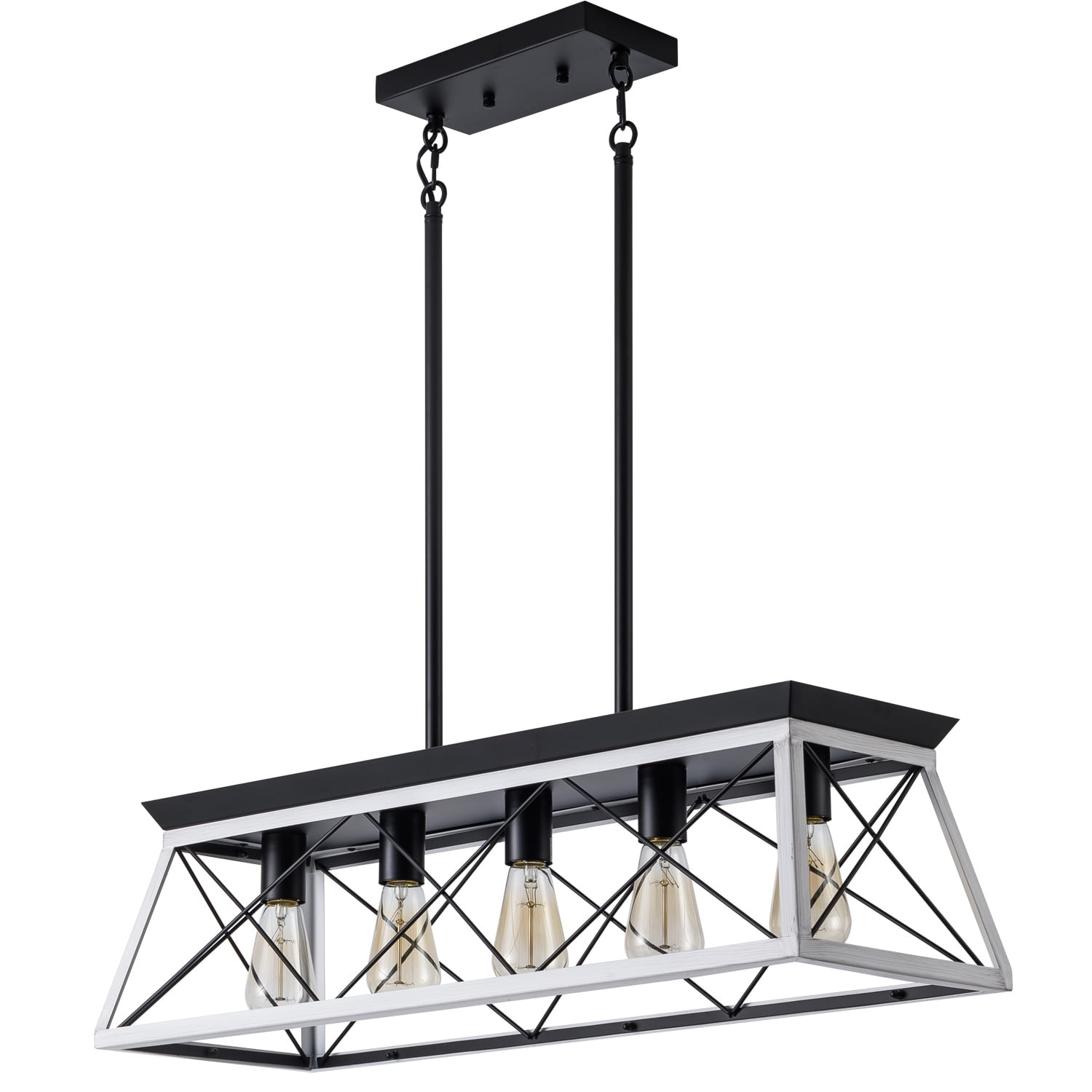 Black White Industrial 5-Light Pendant Chandelier 32 Inch, Metal Cage Design for Dining Room Kitchen, Black White