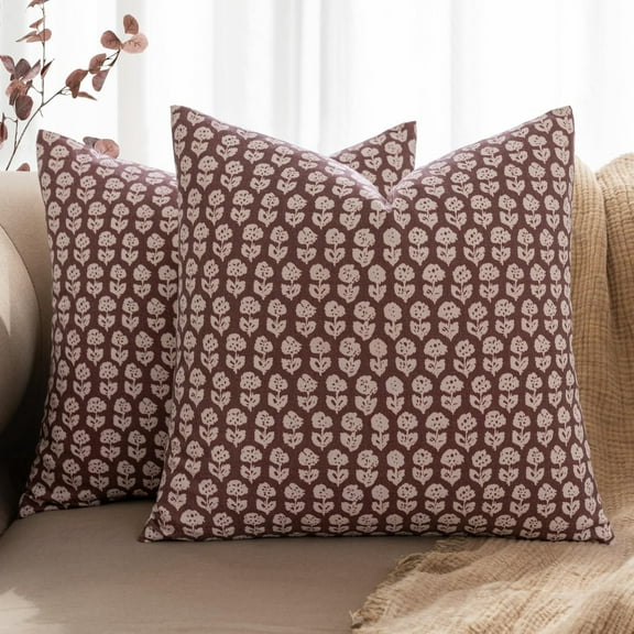 Block Print Pillow Covers 20x20 Inch Set of 2, Vintage Floral Throw Pillow Cases Neutral Linen Farmhouse Cushion Covers for Couch Sofa Bed Chair Living Room, Wine Red