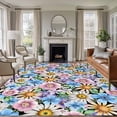 thumbnail image 2 of Retro Flower Large Area Rugs 8x10 ft Watercolor Pink Blue Purple Floral Daisy Green Leaf Black Back Washable Rug Non Slip Indoor Carpet Absorbent Floor Mat for Living Room Bedroom Dining Room, 2 of 9