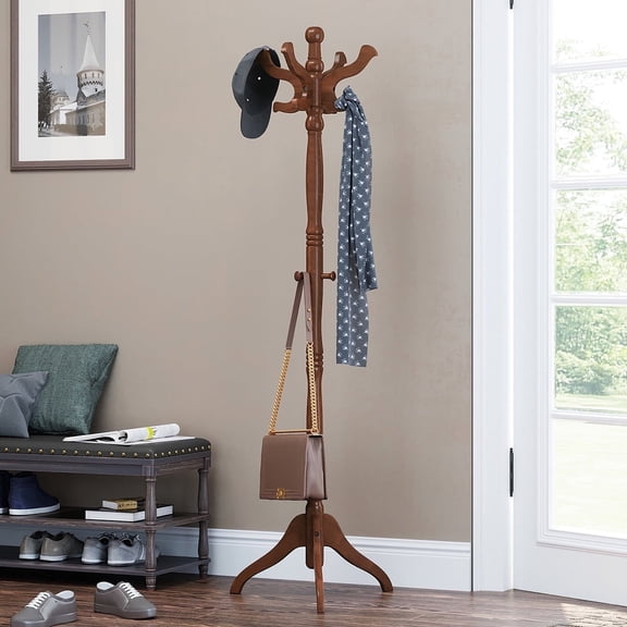 VASAGLE Coat Stand, Solid Wood Freestanding Coat Rack with 11 Hooks, Hall Tree for Bags, Purses, Hats, for Entryway, Hallway, Rubberwood, Caramel Brown